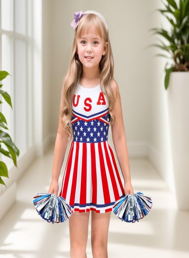 HAPNBCELE Cheerleader Costume for Girls 4th of July Cheerleading Outfit American Flag Cheer Dress Uniform with Hair Tie and 2 Pom Poms Halloween Christmas School Party (Stripe Red, 6-7 Years) - Image 5